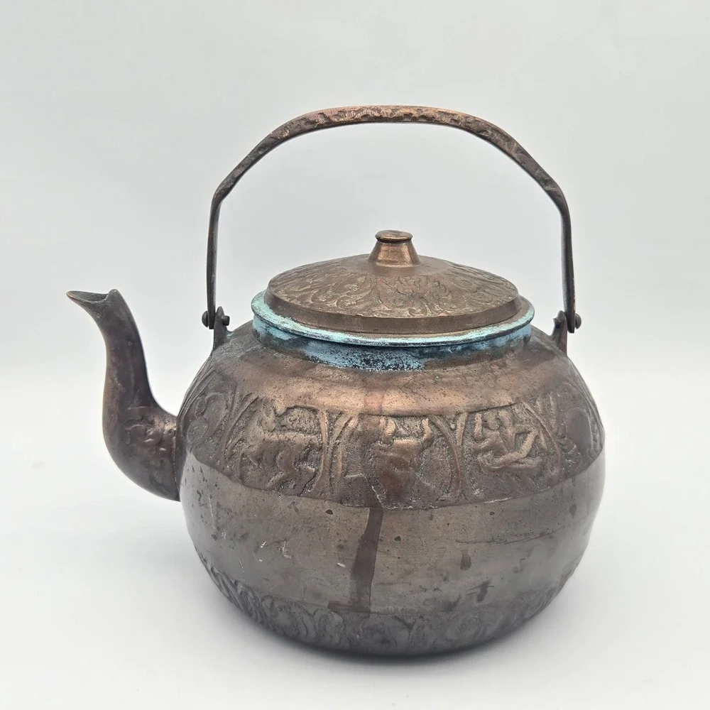 Vintage Chinese Bronze Zodiac Signs Teapot Decorative Embossed Verdigris Patina